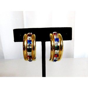 Half Hoop Semi Round Multi Color Rhinestones Gold Tone Earrings Pushback Closure
